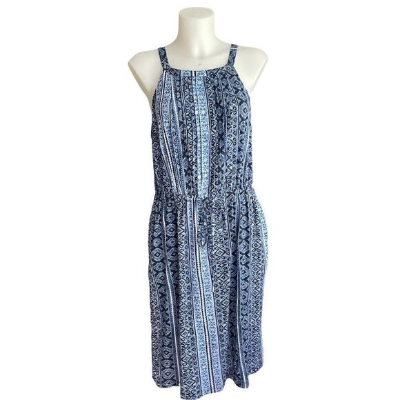 Joan Vass Dresses & Skirts - Joan Vass Blue Aztec Print Halter Swing‎ Dress, Cut Back Detail sz large NEW!